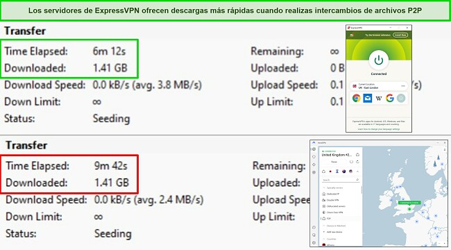 Capturas de pantalla del cliente de torrent BitTorrent que muestran los tiempos de descarga de 2 torrents, con ExpressVPN y NordVPN conectados a servidores del Reino Unido.