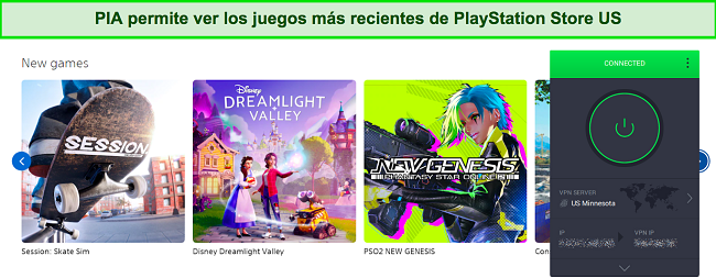 Captura de pantalla de PlayStation Store en EE. UU. con PIA conectado a un servidor en EE. UU.