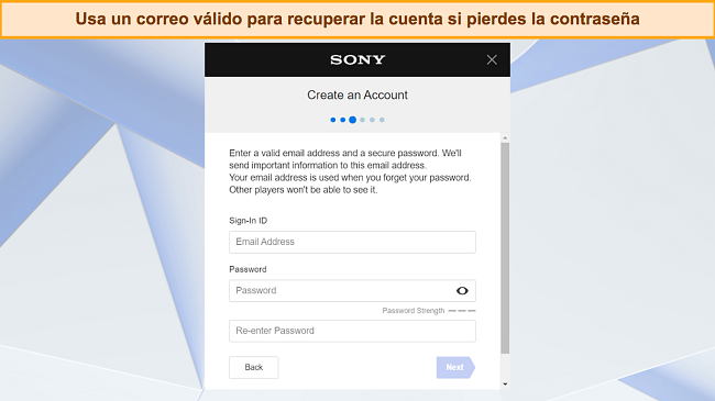 Captura de pantalla de la pantalla de creación de cuenta de PlayStation solicitando una dirección de correo electrónico