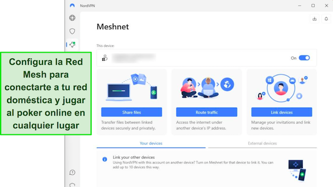 Imagen de la función Meshnet de NordVPN en la aplicación de Windows