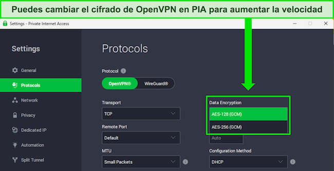 Aplicación de Windows de PIA que muestra los niveles de cifrado personalizables para OpenVPN