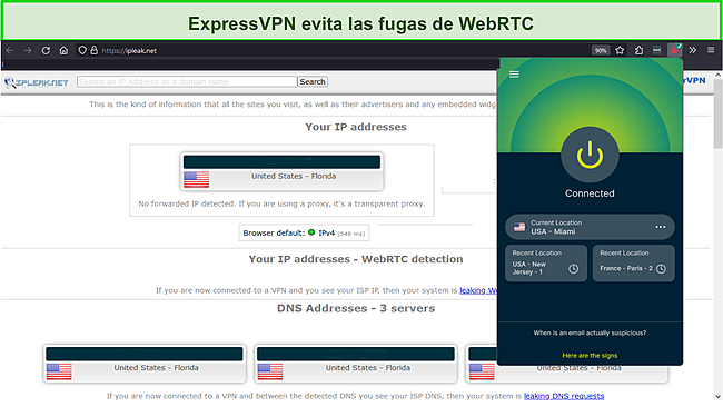 Resultados de la prueba de velocidad de una prueba de fugas WebRTC para ExpressVPN.