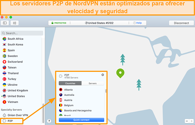 Captura de pantalla de los servidores P2P de NordVPN en la aplicación Mac