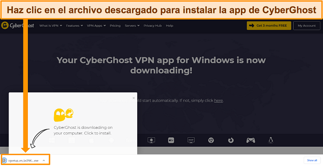 Captura de pantalla de la descarga de la aplicación CyberGhost en un dispositivo Windows.