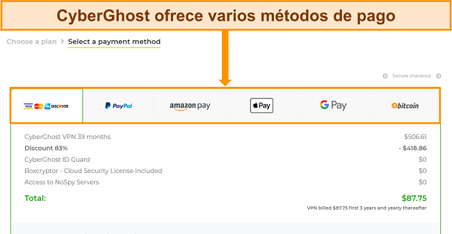 Obtenga una prueba gratuita de CyberGhost elija un método de pago