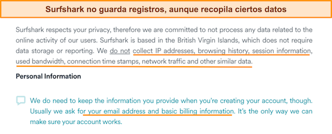 Captura de pantalla de la política de privacidad de Surfshark