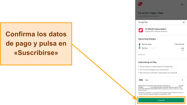 Captura de pantalla de la confirmación de registro final en Google Play, con el botón Suscribirse resaltado.