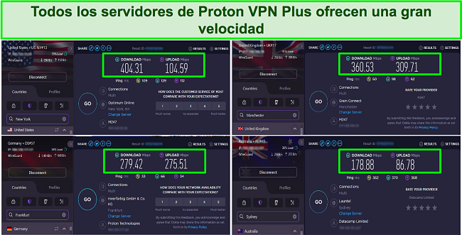 Captura de pantalla de las pruebas de velocidad de Proton VPN que muestran servidores en EE. UU., Reino Unido, Alemania y Australia
