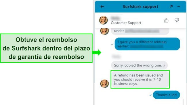 Captura de pantalla del chat en vivo de Surfshark y solicitud de reembolso