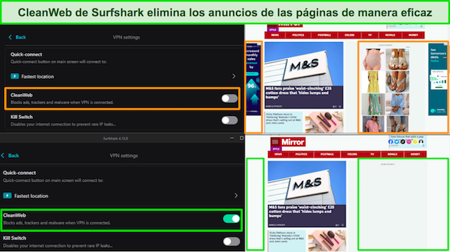 Captura de pantalla del sitio web del Daily Mail con la función CleanWeb de Surfshark que bloquea todos los anuncios