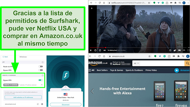 Capturas de pantalla de Netflix US y Amazon UK que se utilizan al mismo tiempo debido a la función Whitelister de Surfshark