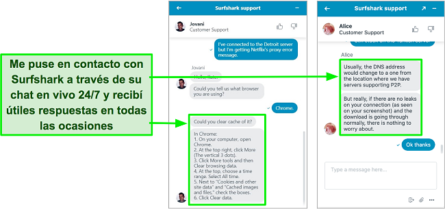 Captura de pantalla de la función de chat en vivo las 24 horas del día, los 7 días de la semana de Surfshark con consejos para solucionar problemas relacionados con Netflix EE. UU. y torrents