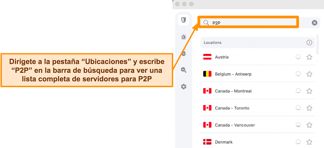 Captura de pantalla de los servidores P2P de Surfshark en la aplicación para Mac