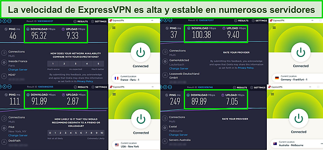 Captura de pantalla de ExpressVPN conectada a varios servidores y los resultados de las pruebas de velocidad ejecutadas en esos servidores.