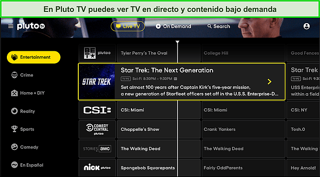 Captura de pantalla del tablero de PlutoTV Live TV.