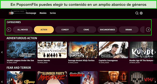 Captura de pantalla de la interfaz de usuario de PopcornFlix.