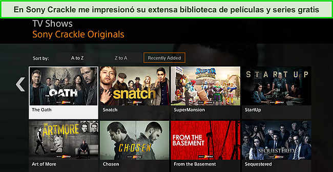 Captura de pantalla de la biblioteca de programas de televisión de Sony Crackle.