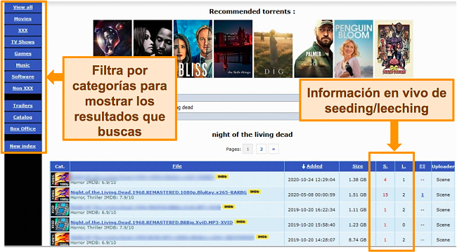 Captura de pantalla de los resultados de búsqueda de torrents en RARBG
