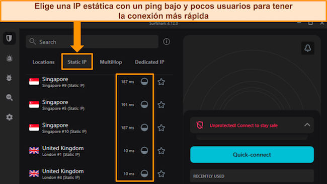 Aplicación de Windows de Surfshark que muestra el menú del servidor de IP estática, resaltando el ping y la información de carga del usuario.