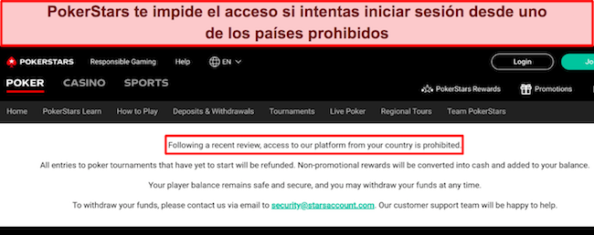 Imagen de PokerStars bloqueando el acceso al sitio cuando se detecta una ubicación fuera de la región