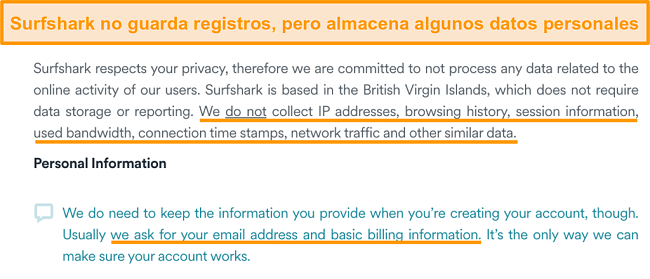 Captura de pantalla de la política de privacidad de Surfshark