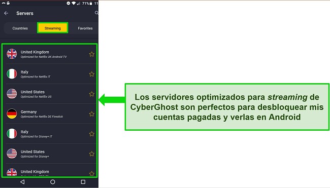 Captura de pantalla del menú del servidor de transmisión de CyberGhost en Android