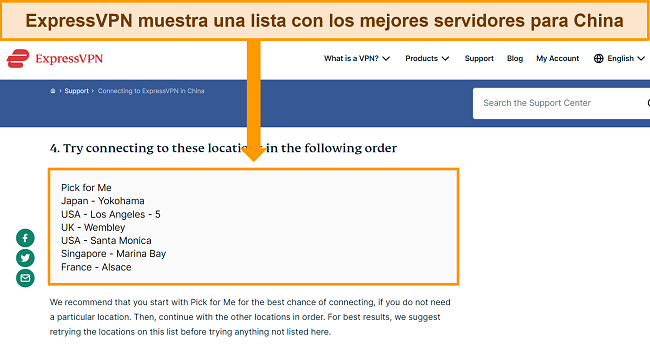 Captura de pantalla del sitio web de ayuda de ExpressVPN que muestra una lista de los servidores recomendados para establecer una conexión en China.
