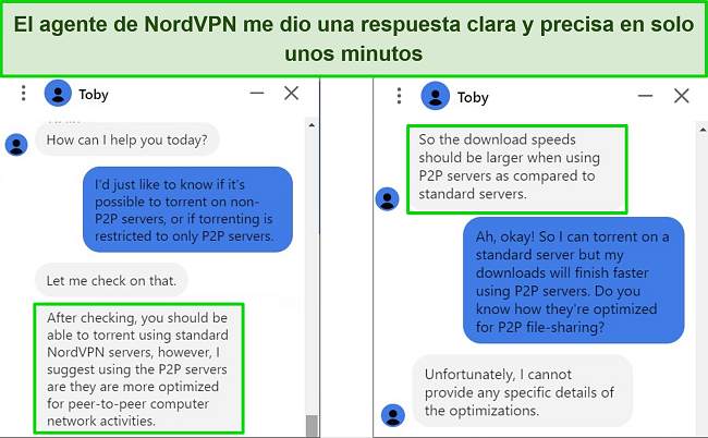 Capturas de pantalla del agente de chat en vivo de NordVPN respondiendo una pregunta sobre el intercambio de archivos P2P en servidores estándar