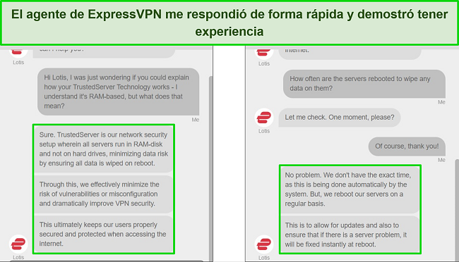 Capturas de pantalla del chat en vivo de ExpressVPN, que muestran respuestas detalladas a preguntas de carácter técnico sobre la tecnología TrustedServer.