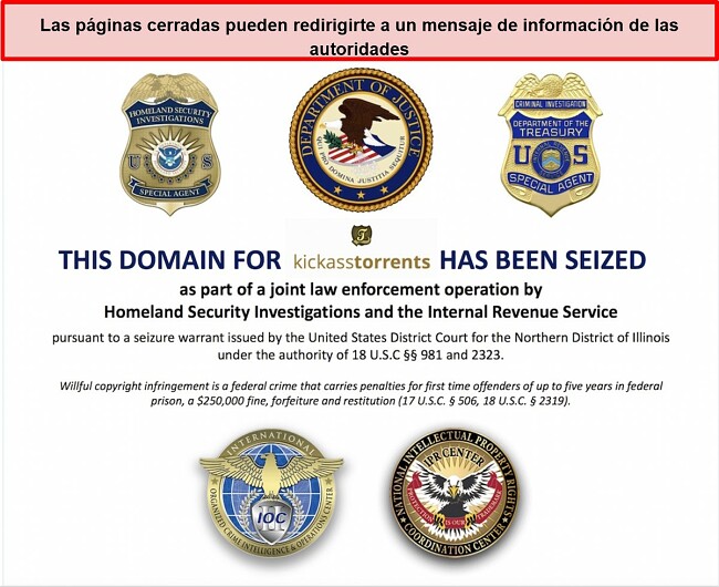 Captura de pantalla del dominio de torrents kickass siendo incautado por las autoridades de EE. UU.