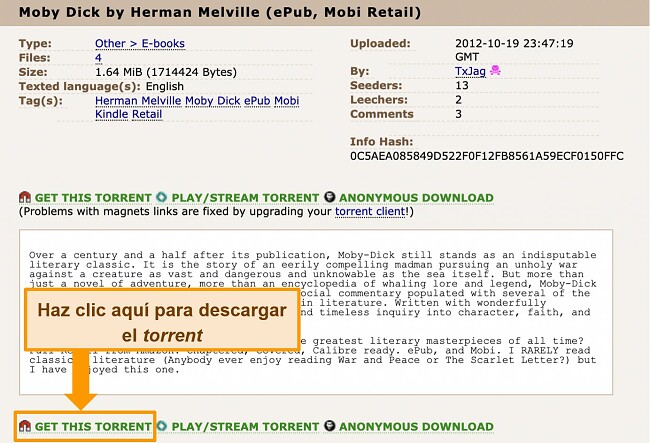 Captura de pantalla de la página de descarga de torrents en The Pirate Bay