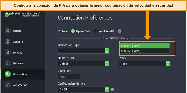 Captura de pantalla de la aplicación de Windows de PIA con las Preferencias de conexión abiertas y la configuración de cifrado resaltada