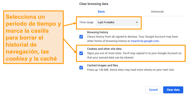 Captura de pantalla para borrar el caché y el historial de navegación en Google Chrome