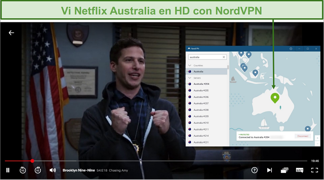 Captura de pantalla de NordVPN desbloqueando Netflix Australia mientras jugaba Brooklyn Nine-Nine