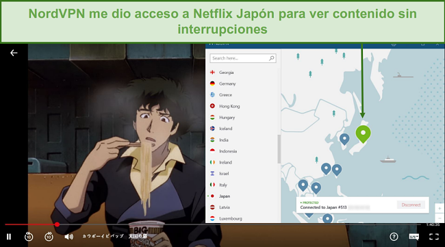 Captura de pantalla de NordVPN desbloqueando Netflix Japón mientras jugaba a Cowboy Bebop