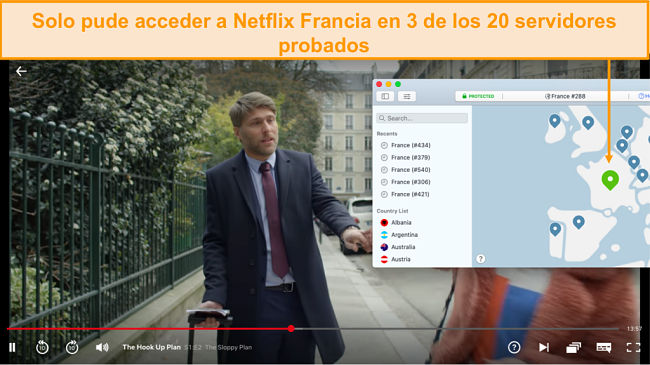 Captura de pantalla de NordVPN desbloqueando Netflix Francia y transmitiendo The Hook Up Plan