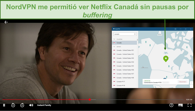 Captura de pantalla de NordVPN desbloqueando Netflix Canadá mientras juega Instant Family