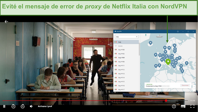 Captura de pantalla de NordVPN desbloqueando Netflix Italia mientras juega Arrivano i Prof