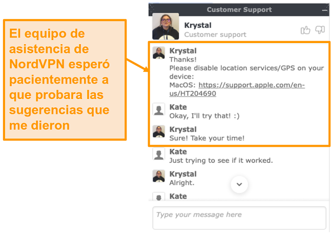 Captura de pantalla de la función de chat en vivo de atención al cliente de NordVPN