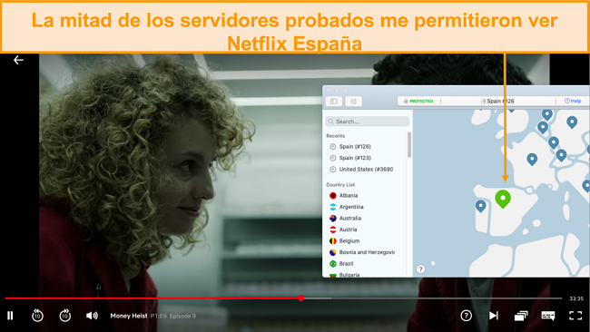 Captura de pantalla de NordVPN desbloqueando Netflix España