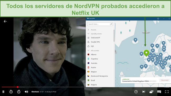  66/5000 Captura de pantalla de NordVPN desbloqueando Netflix Reino Unido mientras juega Sherlock