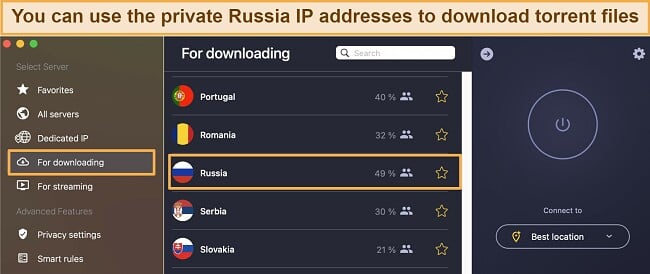 Screenshot of CyberGhost's P2P servers in Russia