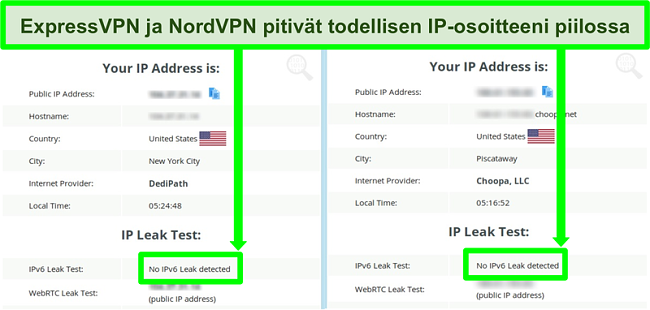 Näyttökuva, jossa ei havaittu IPv6-vuotoja sekä NordVPN: lle että ExpressVPN: lle