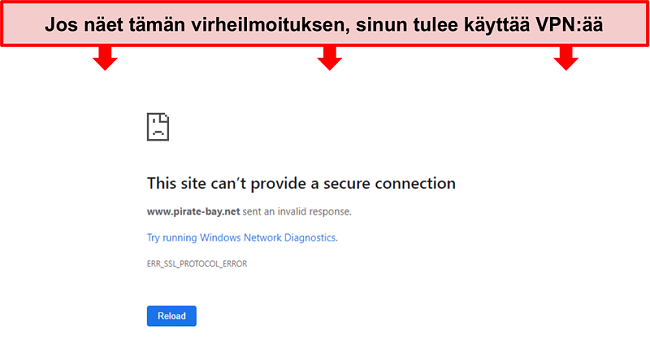 Kuvakaappaus virheilmoituksesta yrittäessäsi käyttää Pirate Bayä ilman VPN: ää