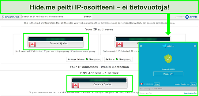 Kuvakaappaus Hide.me:n IP-vuototestin tuloksista ollessaan yhteydessä palvelimeen Kanadassa