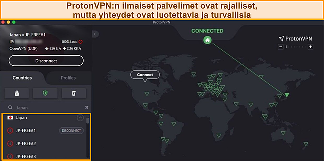 Kuvakaappaus Proton VPN:stä yhdistettynä ilmaiseen palvelimeen Japanissa.