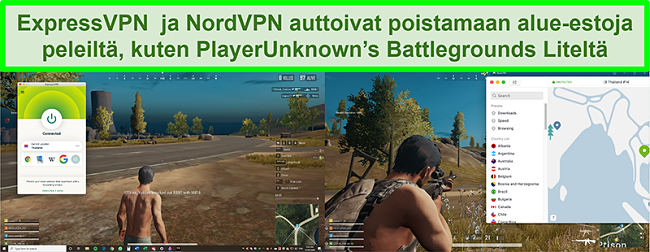 Vertailukuvat käyttäjältä, joka pelaa PlayUnknown's Battlegrounds Lite -ohjelmaa, kun hän on yhteydessä ExpressVPN: ään ja NordVPN: ään