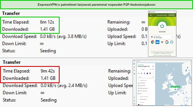 Näyttökaappaukset BitTorrent-torrent-asiakasohjelmasta, joissa näkyy latausajat 2 torrentille, kun ExpressVPN ja NordVPN on yhdistetty Iso-Britannian palvelimiin.