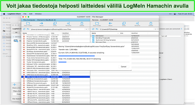 Kuvakaappaus LogMeIn Hamachista, jota käytetään tiedostojen jakamiseen Mac- ja Windows-laitteiden välillä