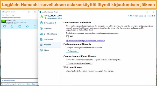 Kuvakaappaus LogMeIn Hamachin käyttöliittymästä